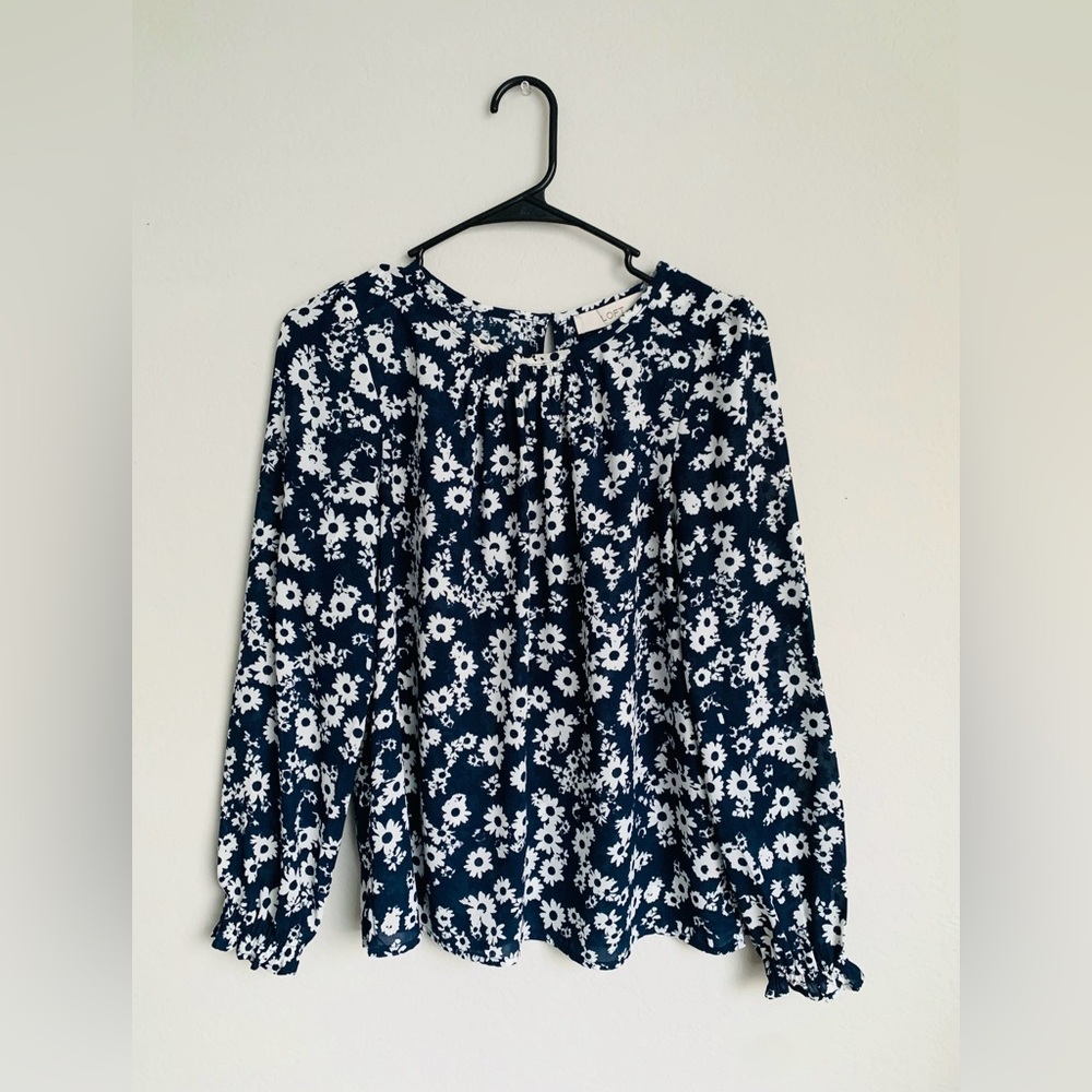 LOFT Navy and White Floral Blouse
